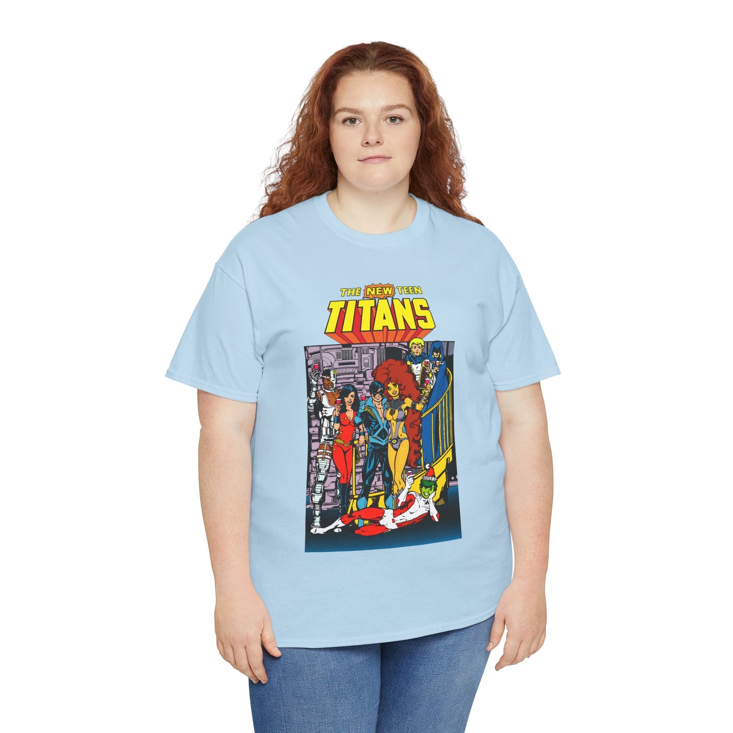 New Teen Titans T-Shirt - George Perez Art - Nightwing, Cyborg, Raven, Starfire, Wonder Girl, Changeling, Jericho - Titans Tower - DC Comics
