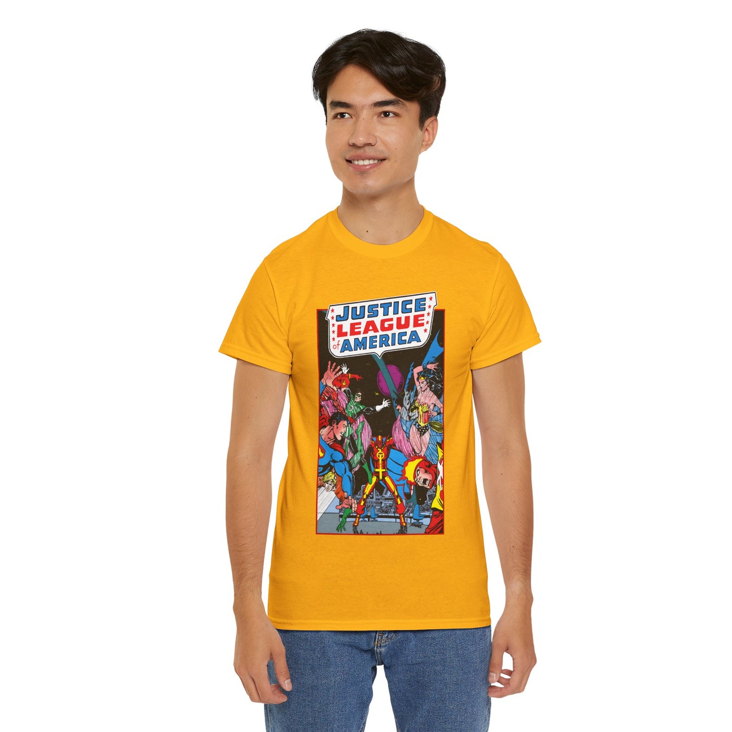 Justice League of America T-Shirt - George Perez Art - 1980s Satellite Era - Superman, Wonder Woman, Firestorm, Green Lantern, Batman - DC Comics