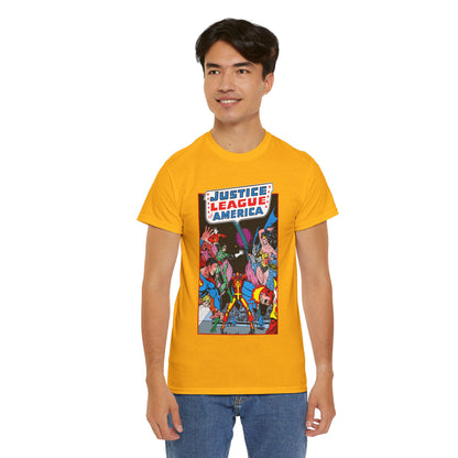 Justice League of America T-Shirt - George Perez Art - 1980s Satellite Era - Superman, Wonder Woman, Firestorm, Green Lantern, Batman - DC Comics