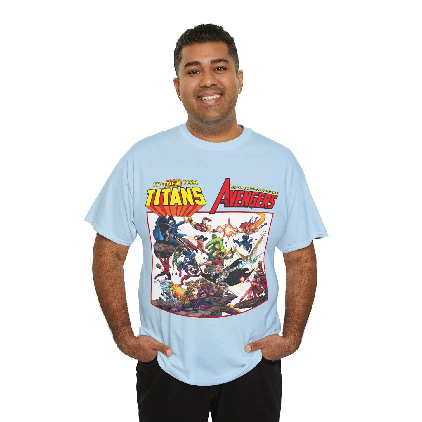 New Teen Titans Vs Avengers T-Shirt - George Perez Art - Hawkeye, Wonder Man, Raven, Starfire, Cyborg, Scarlet Witch, Wonder Girl - DC Comics & Marvel Comics