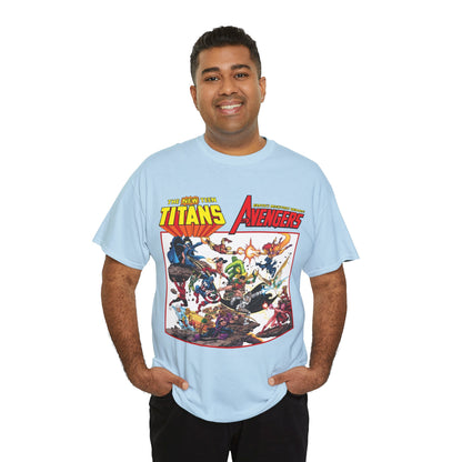 New Teen Titans Vs Avengers T-Shirt - George Perez Art - Hawkeye, Wonder Man, Raven, Starfire, Cyborg, Scarlet Witch, Wonder Girl - DC Comics & Marvel Comics