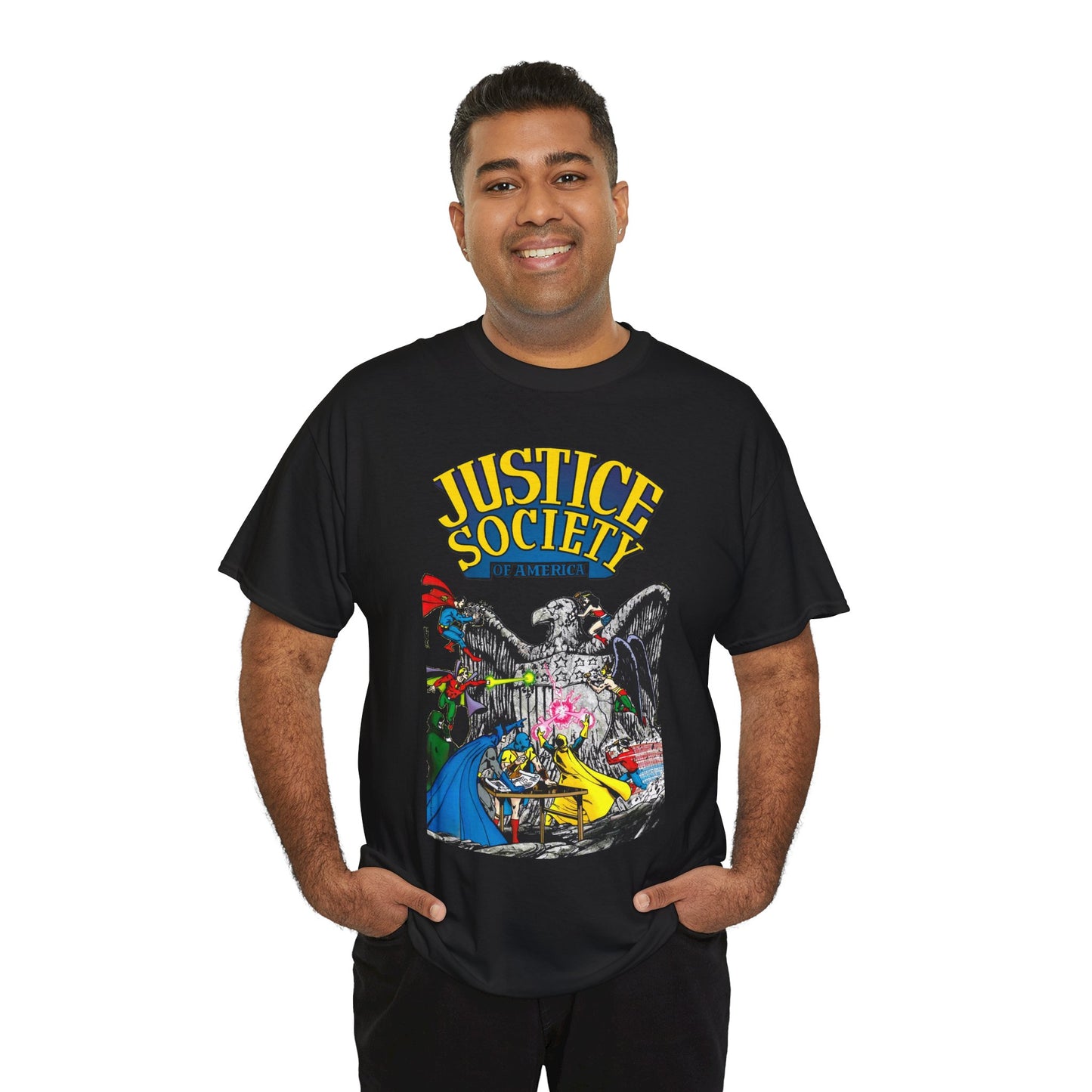 Justice Society T-Shirt - George Perez Art - Dr Fate, Atom, Spectre, Wonder Woman, Flash, Batman, Superman, Hawkman - JSA - DC Comics