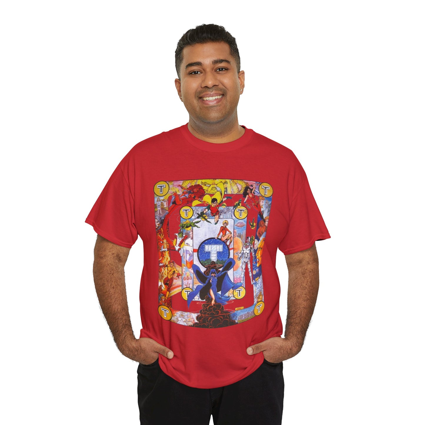 New Teen Titans Poster T-Shirt - George Perez Art - Cyborg, Raven, Robin, Terra, Wonder Girl, Changeling, Kid Flash, Deathstroke, Blackfire - DC Comics