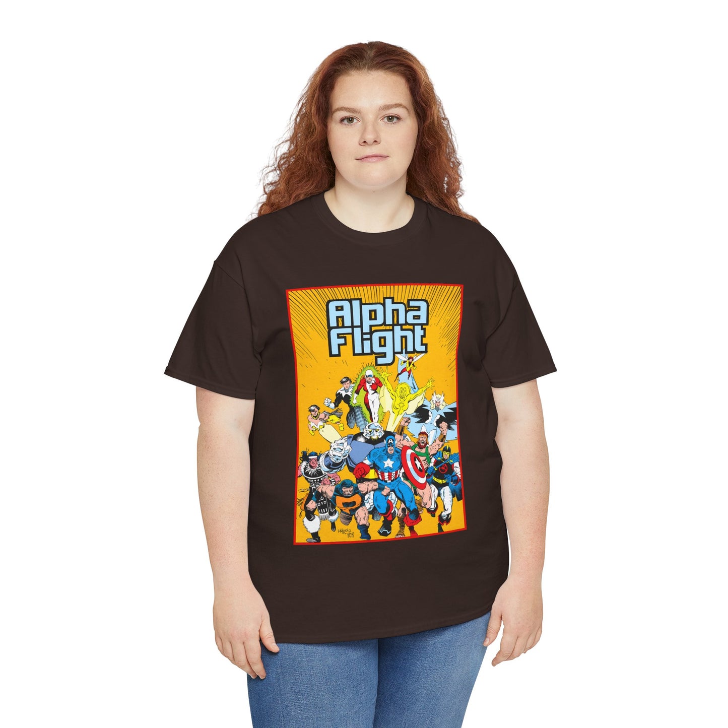 Alpha Flight T-Shirt - Mike Mignola Art - Northstar, Aurora, Snowbird, Shaman, Puck - Avengers: Captain America, Captain Marvel, Hercules, Black Knight - Marvel Comics