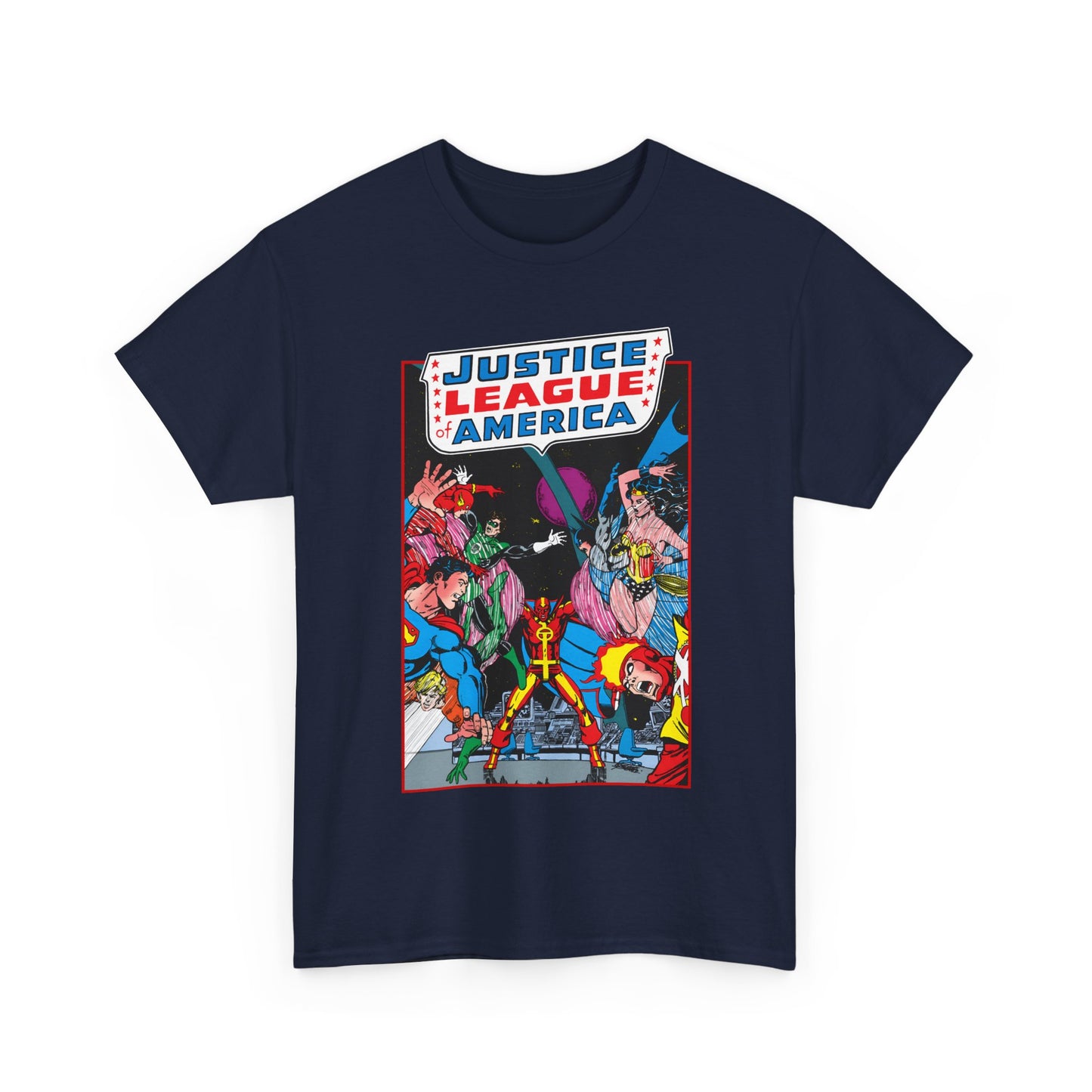 Justice League of America T-Shirt - George Perez Art - 1980s Satellite Era - Superman, Wonder Woman, Firestorm, Green Lantern, Batman - DC Comics