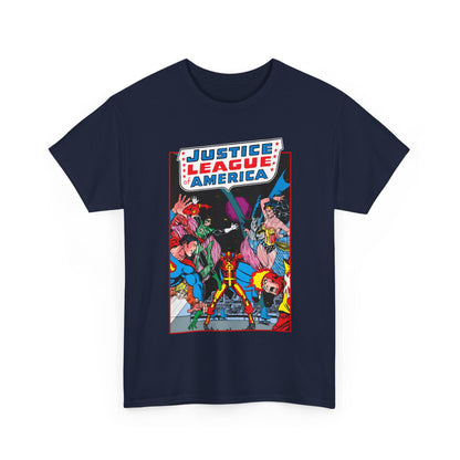 Justice League of America T-Shirt - George Perez Art - 1980s Satellite Era - Superman, Wonder Woman, Firestorm, Green Lantern, Batman - DC Comics