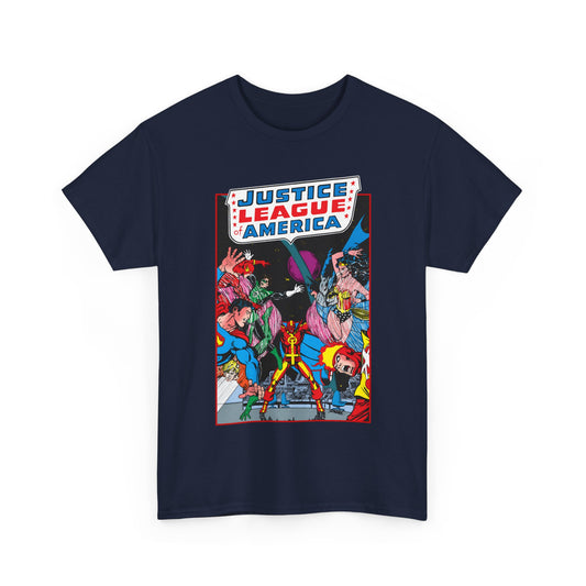 Justice League of America T-Shirt - George Perez Art - 1980s Satellite Era - Superman, Wonder Woman, Firestorm, Green Lantern, Batman - DC Comics