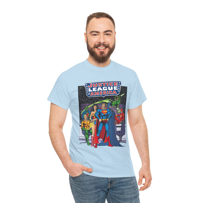 Justice League T-Shirt - George Perez Art - JLA Satellite Era - Superman, Wonder Woman, Green Lantern, Batman, Flash, Aquaman, Martian Manhunter - DC Comics