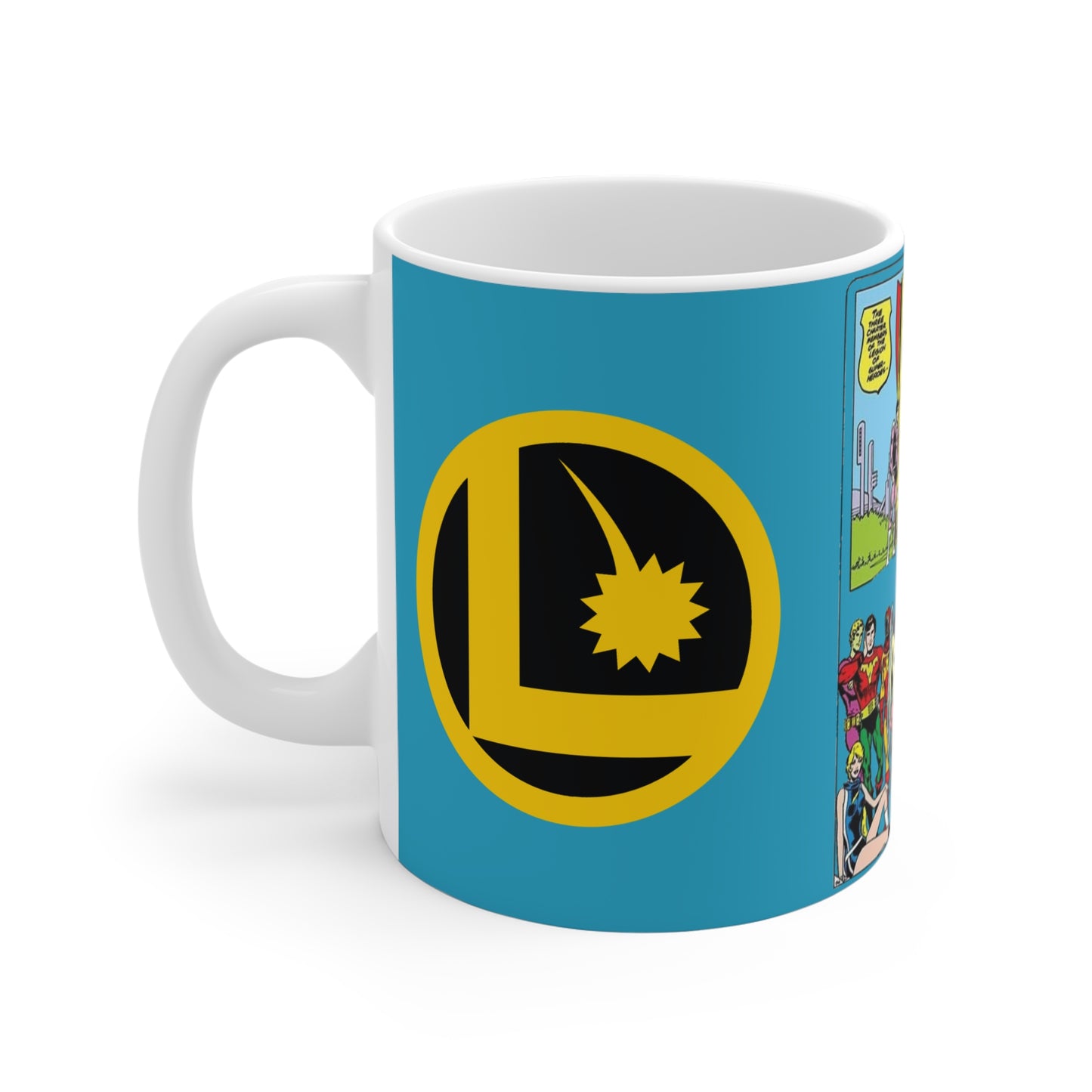 Superboy & Legion of Super-Heroes Coffee Mug, 11oz - DC Comics - Cosmic Boy, Lightning Lad, Saturn Girl, Mon-El, Shadow Lass - Silver/Bronze Age Art