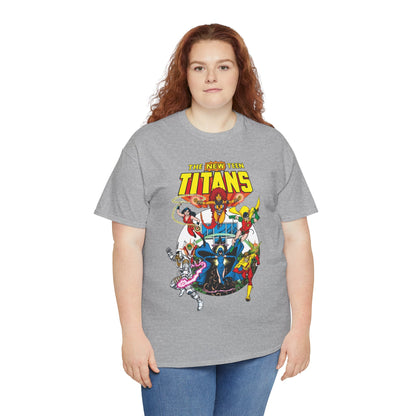 New Teen Titans T-Shirt - Classic George Perez Art - Cyborg, Raven, Starfire, Robin, Wonder Girl, Changeling, Kid Flash - Titans Tower - Popular DC Comics 1980s Series