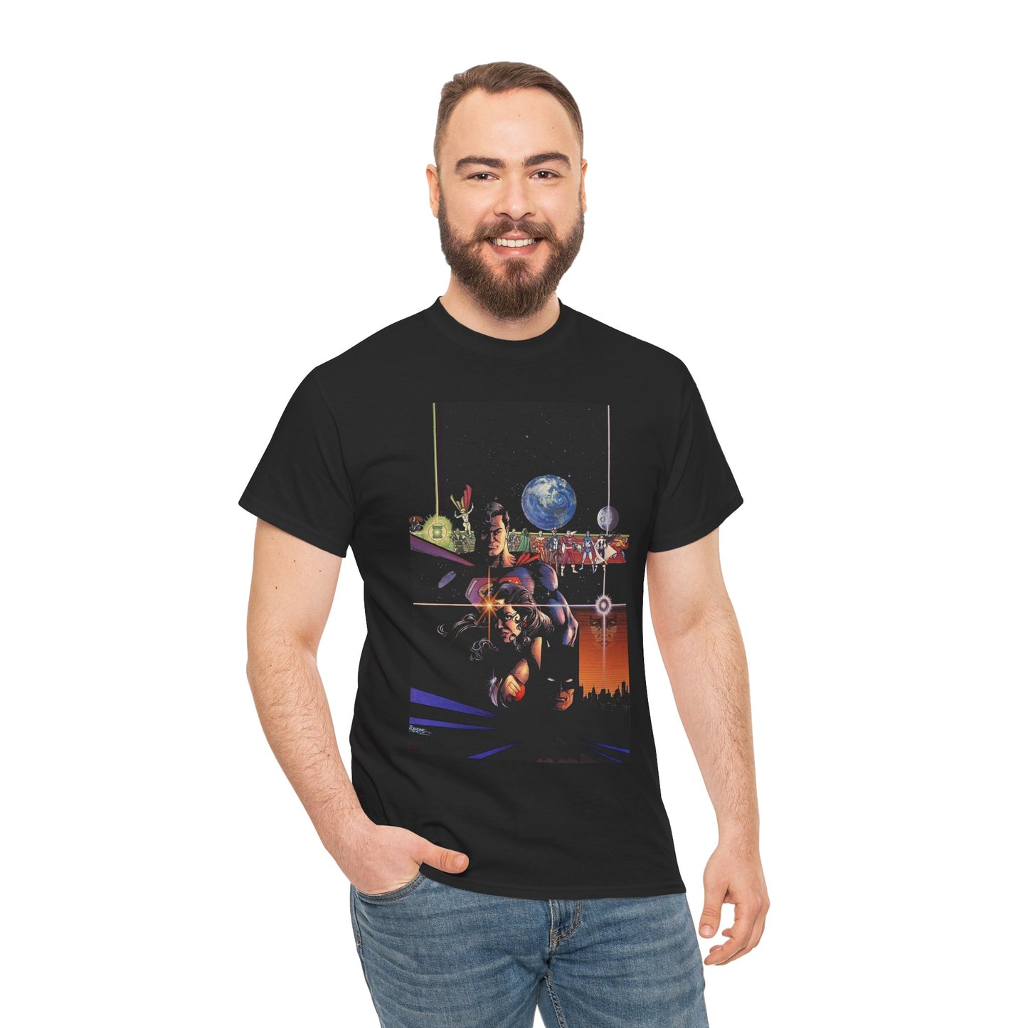 Crisis on Infinite Earths T-Shirt - George Perez Art - Superman, Batman, Wonder Woman, Captain Marvel, Blue Beetle, Kid Flash - Retro 1980s - DC Comics