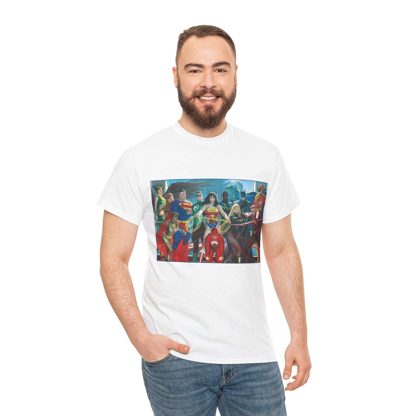 Justice League T-Shirt - Alex Ross Art - Superman, Wonder Woman, Batman, Flash, Black Canary, Vixen, Black Lightning, Green Lantern, Geo-Force, Red Tornado - DC Comics