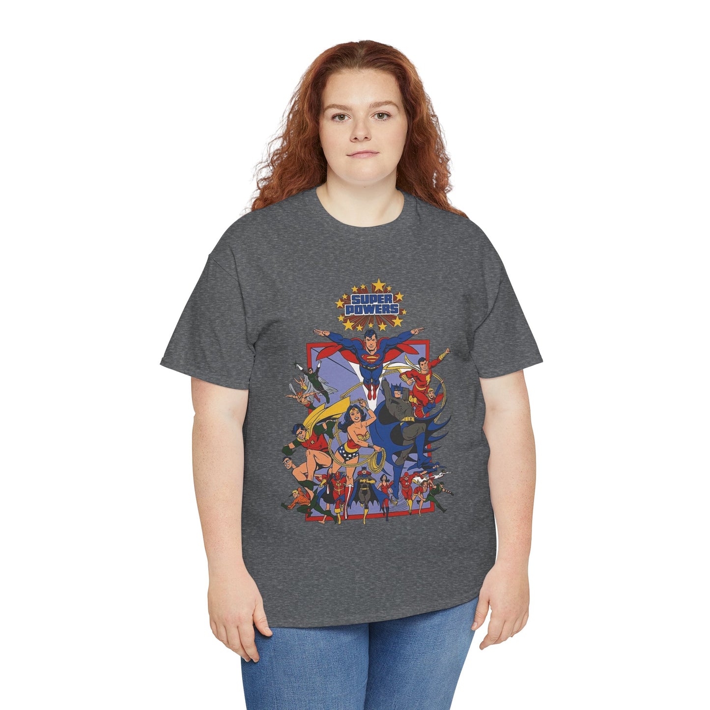 Super Powers T-Shirt - Superman, Flash, Wonder Woman, Batman, Batgirl, Robin, Plastic Man, Aquaman, Hawkman, Supergirl - 1980s Kenner Toy Line - Retro DC Comics