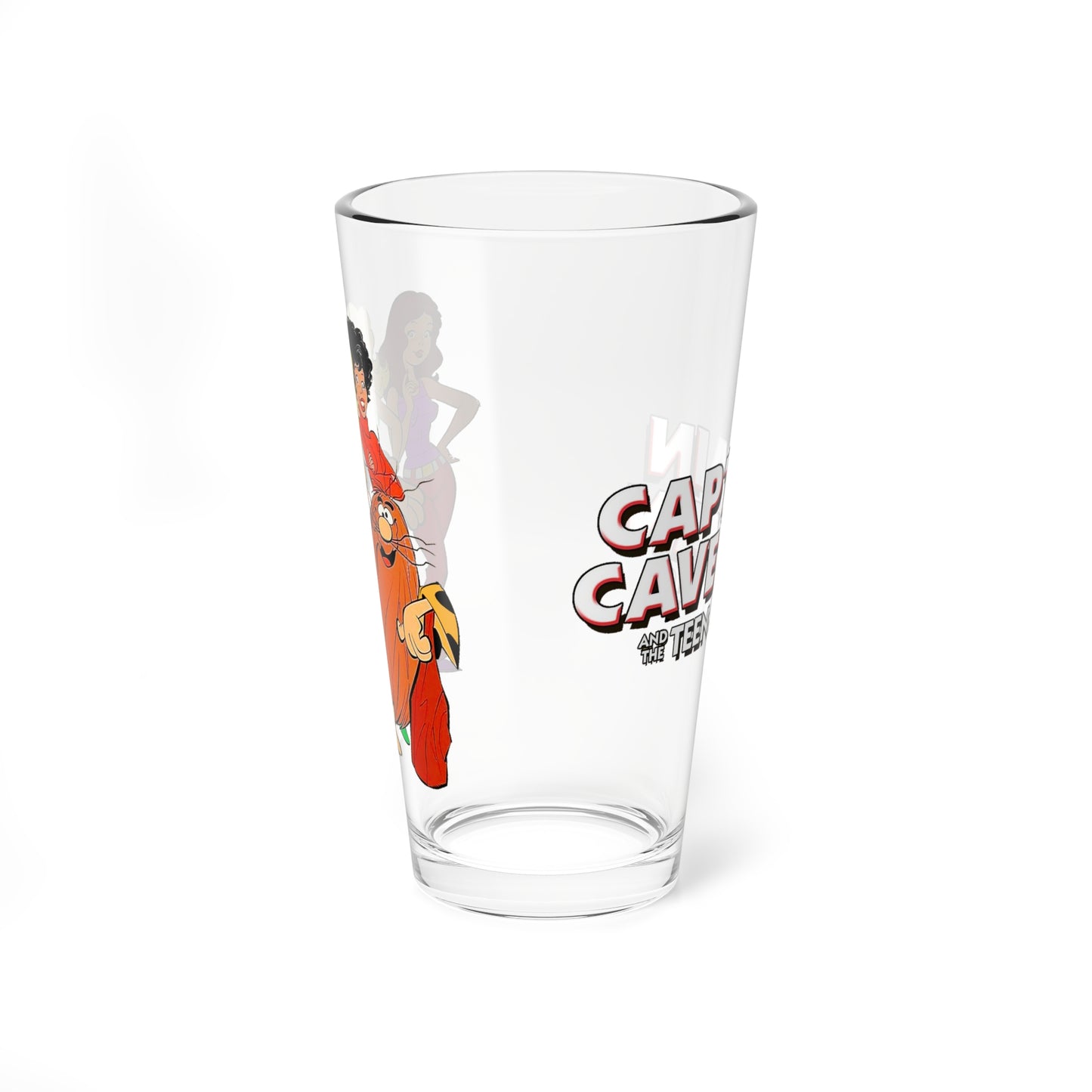 Captain Caveman & the Teen Angels Pint Glass, 16oz - Brenda, Dee Dee, Taffy - Hanna-Barbera Saturday Morning Cartoon