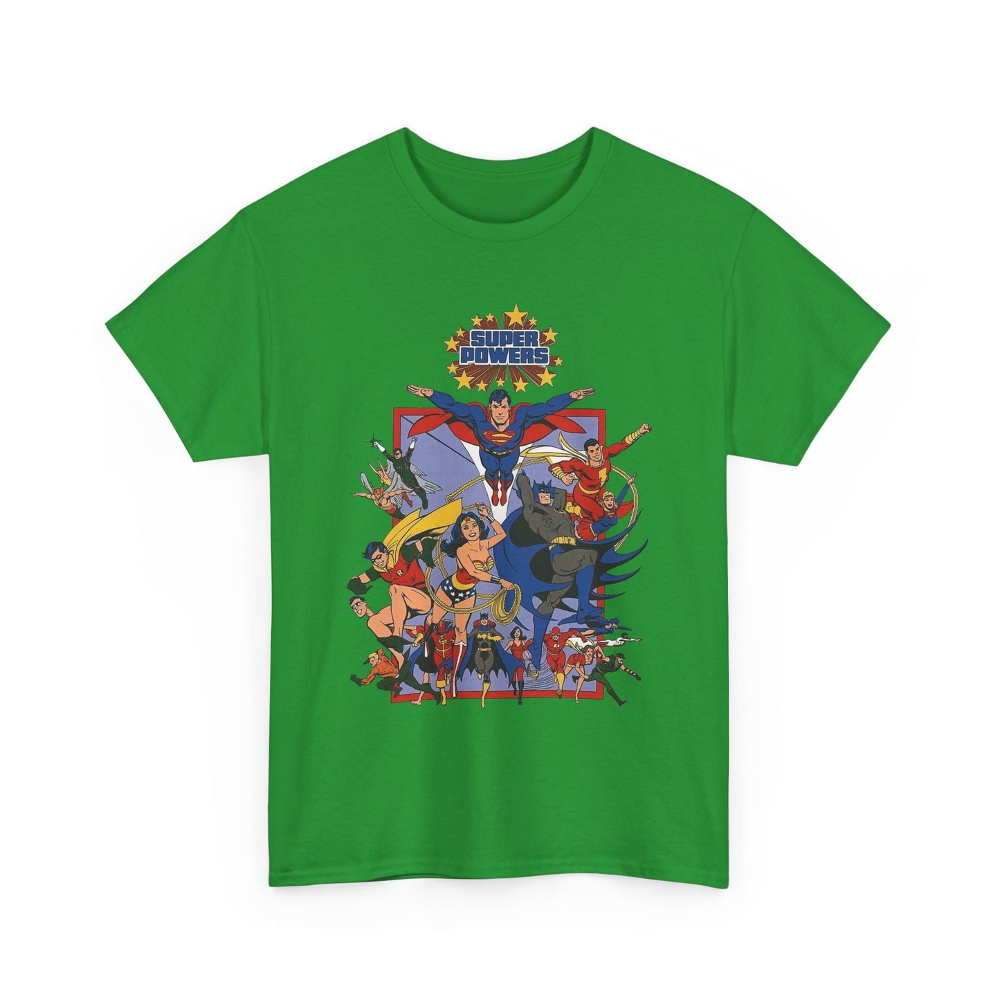 Super Powers T-Shirt - Superman, Flash, Wonder Woman, Batman, Batgirl, Robin, Plastic Man, Aquaman, Hawkman, Supergirl - 1980s Kenner Toy Line - Retro DC Comics
