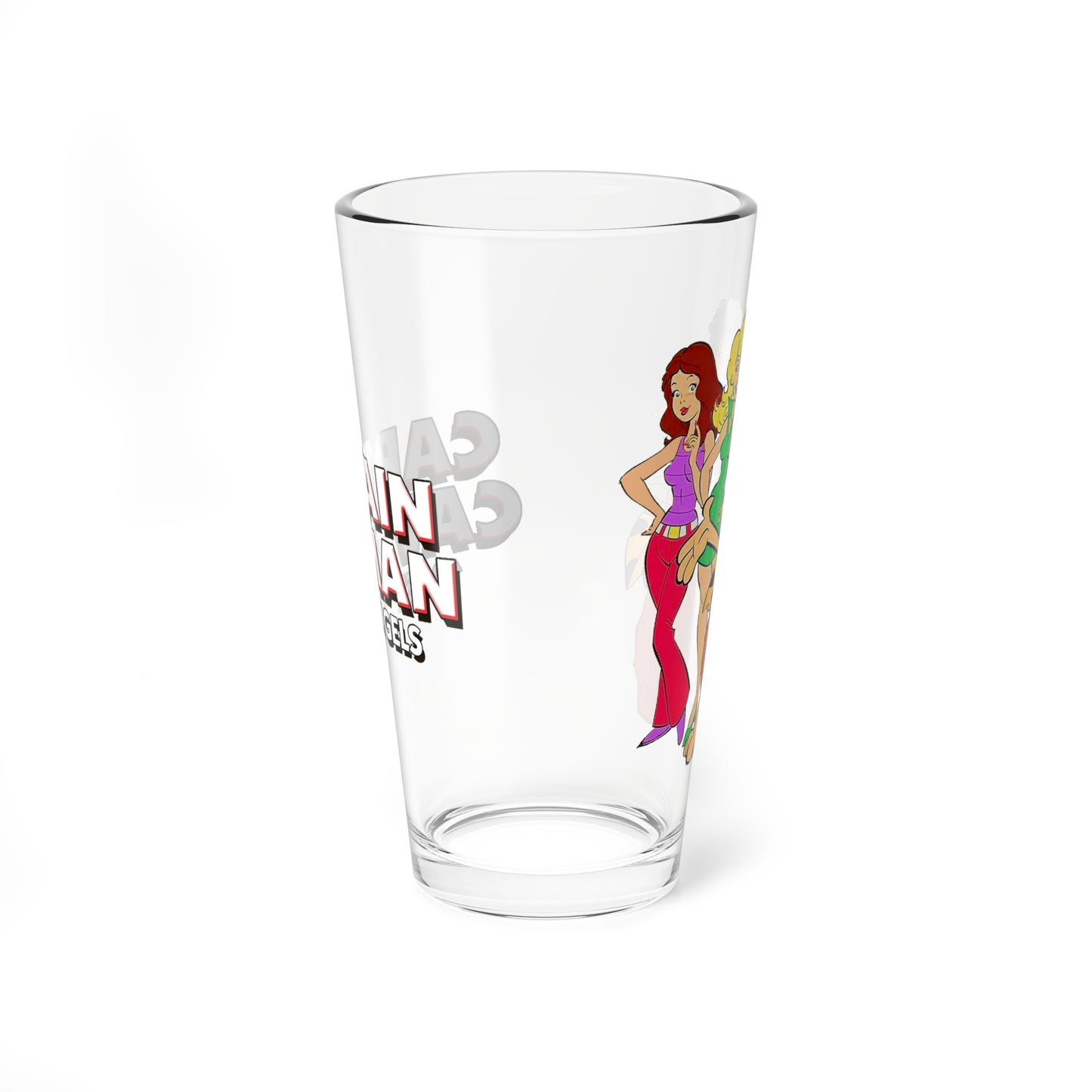 Captain Caveman & the Teen Angels Pint Glass, 16oz - Brenda, Dee Dee, Taffy - Hanna-Barbera Saturday Morning Cartoon