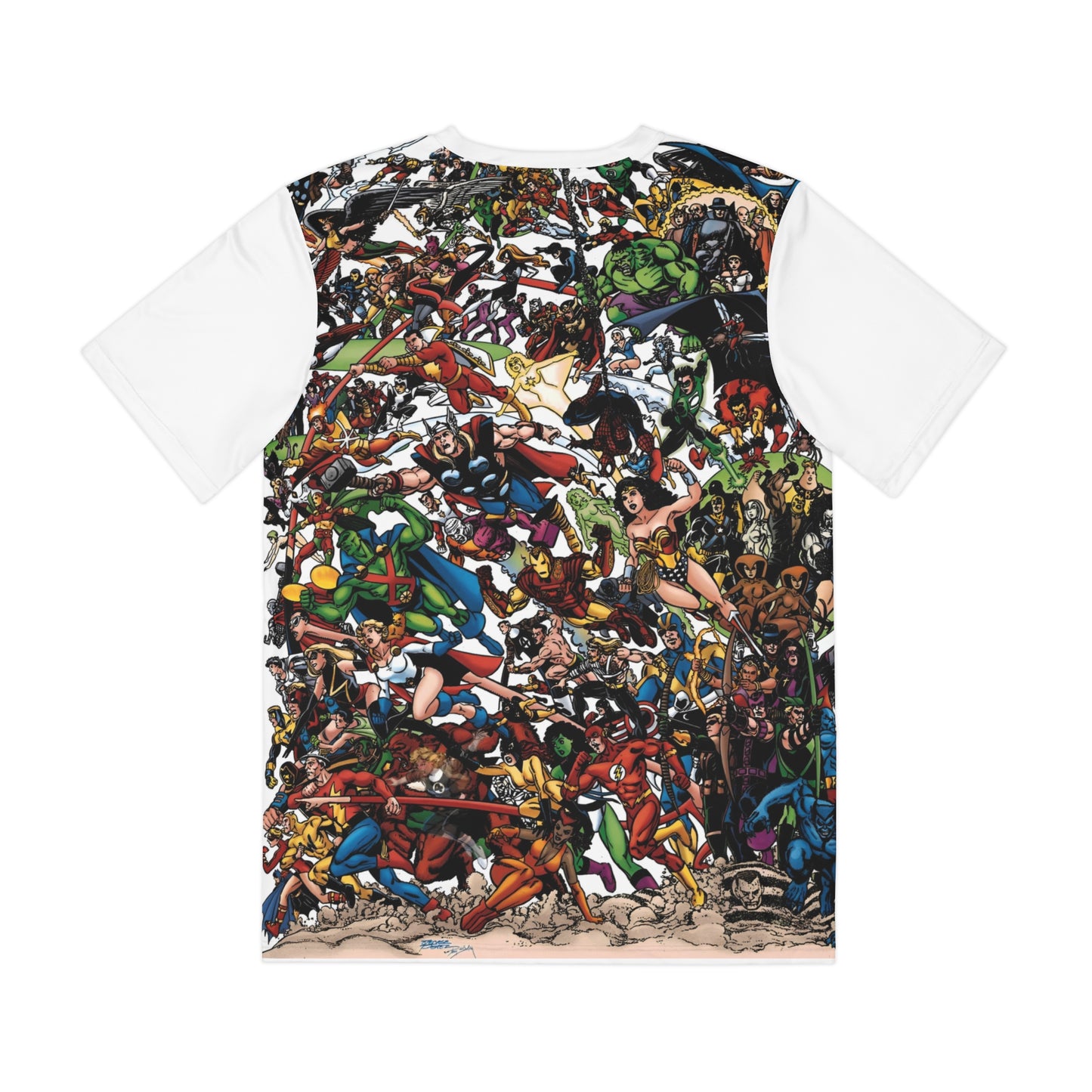 JLA Vs Avengers Polyester Tee (All-Over Print) - Iconic George Perez Wraparound Art - DC Comics