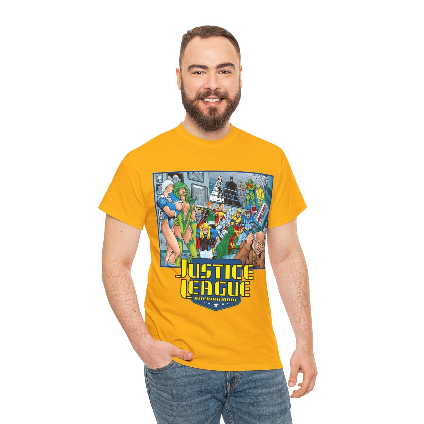 Justice League International T-Shirt - Kevin Maguire Art - Blue Beetle, Booster Gold, Martian Manhunter, Captain Atom, Batman, Fire, Ice - DC Comics - JLI