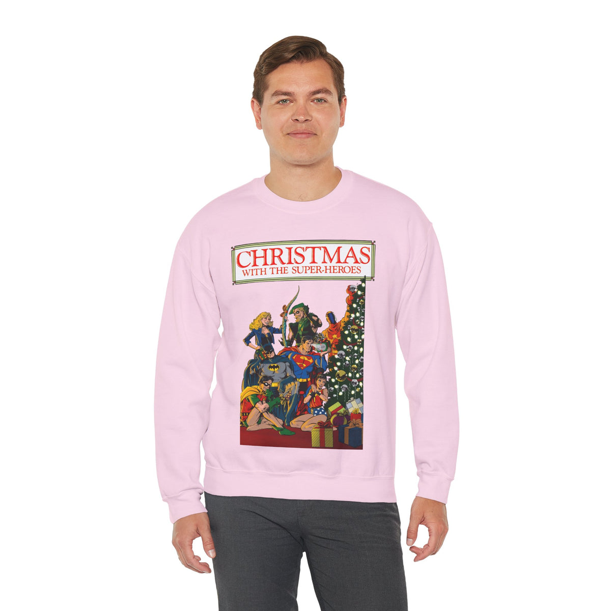 Christmas With the DC Super-Heroes Heavy Blend Crewneck Sweatshirt - Superman, Batman, Green Arrow, Black Canary - Festive Holiday Shirt