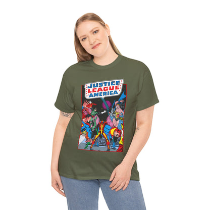 Justice League of America T-Shirt - George Perez Art - 1980s Satellite Era - Superman, Wonder Woman, Firestorm, Green Lantern, Batman - DC Comics