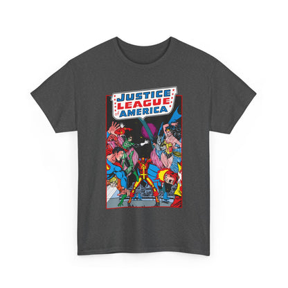 Justice League of America T-Shirt - George Perez Art - 1980s Satellite Era - Superman, Wonder Woman, Firestorm, Green Lantern, Batman - DC Comics
