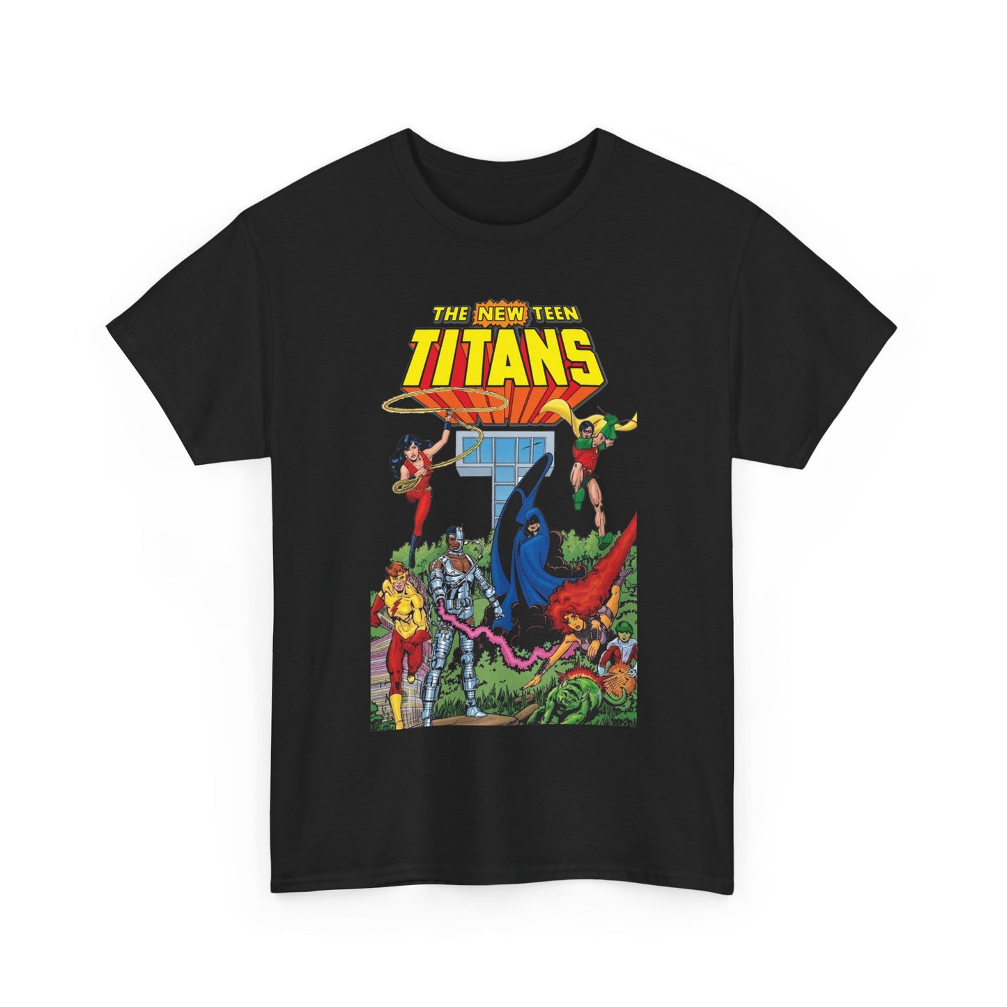 New Teen Titans T-Shirt - George Perez Art - Robin, Wonder Girl, Cyborg, Raven, Changeling, Starfire, Kid Flash - Titans Tower - DC Comics