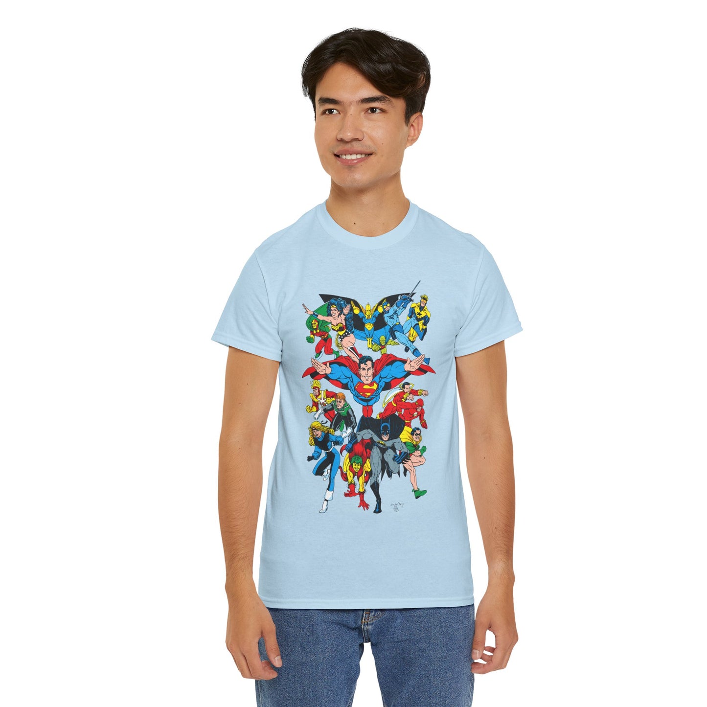 DC Legends T-Shirt - Linda Medley, Arthur Adams Art - Superman, Wonder Woman, Batman, Creeper, Black Canary, Guy Gardner, Blue Beetle, Booster Gold, Dr. Fate, Flash - DC Comics