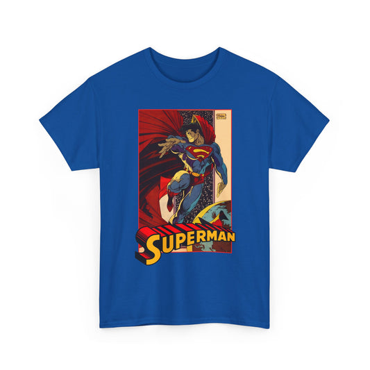 Blue t-shirt with Superman graphic design on a white background