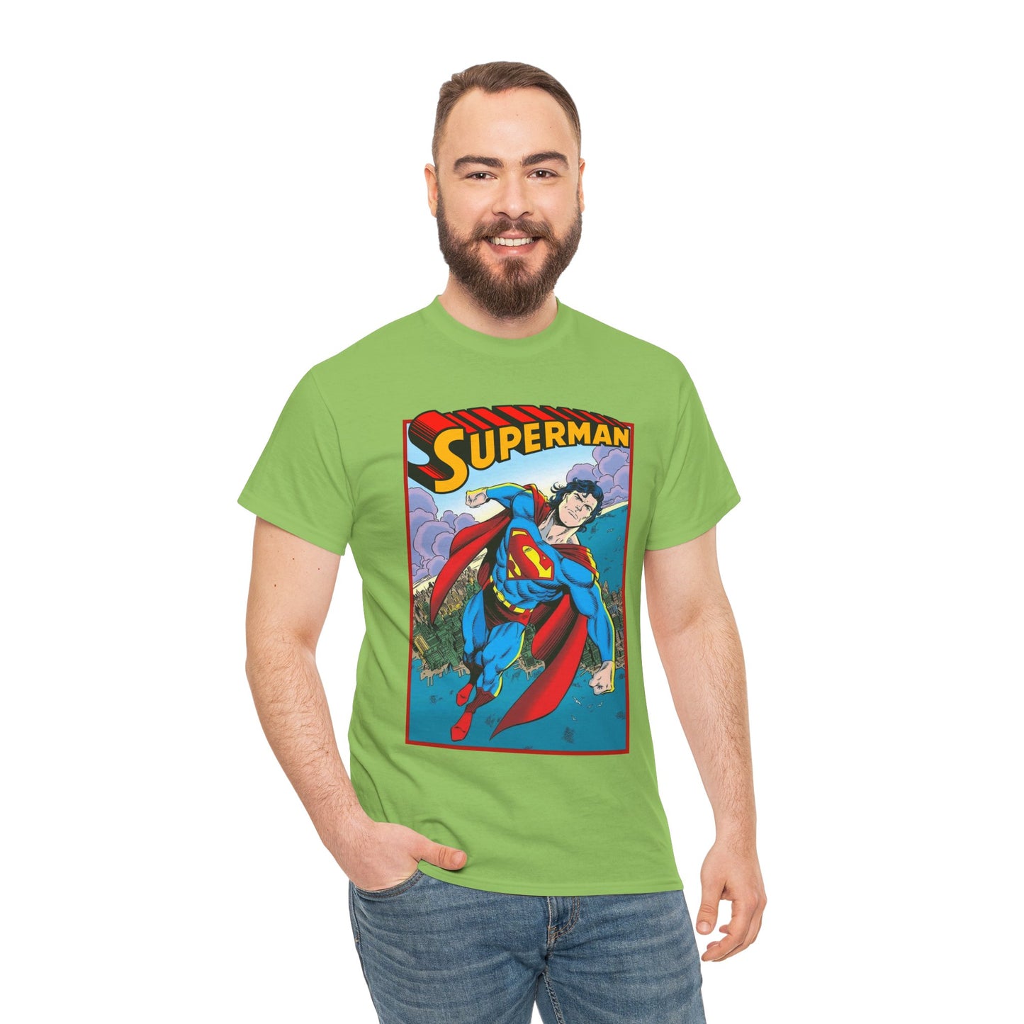 Superman T-Shirt - Tom Grummett Art - DC Comics - Metropolis, Man of Steel Flying Through the Sky - Post-Reign of the Supermen Storyline Artwork