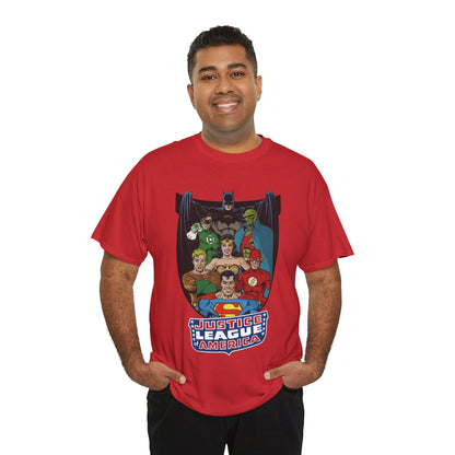 Justice League of America T-Shirt - George Perez Art - Superman, Wonder Woman, Batman, Aquaman, Martian Manhunter, Flash, Green Lantern - DC Comics