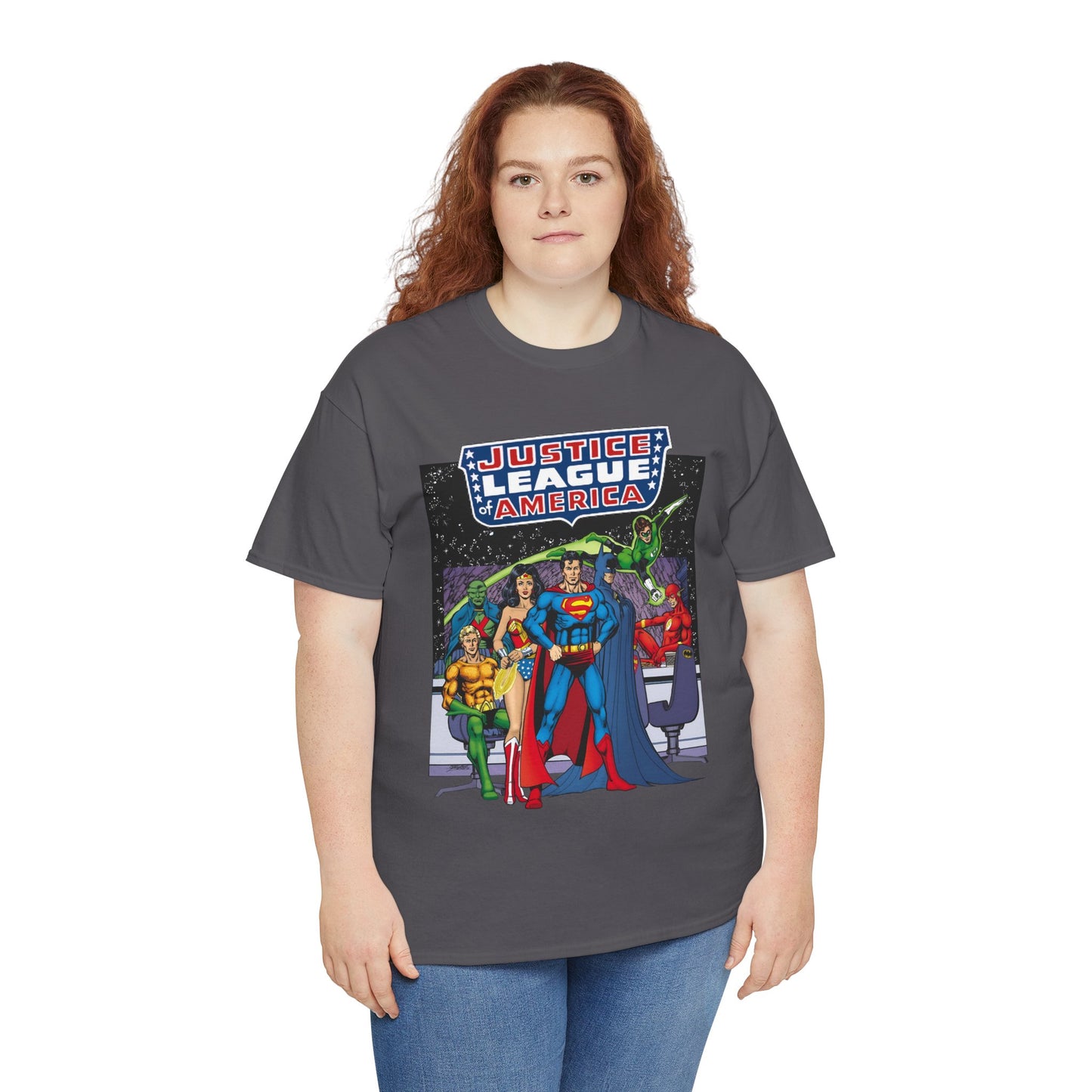 Justice League T-Shirt - George Perez Art - JLA Satellite Era - Superman, Wonder Woman, Green Lantern, Batman, Flash, Aquaman, Martian Manhunter - DC Comics