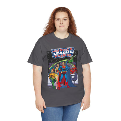 Justice League T-Shirt - George Perez Art - JLA Satellite Era - Superman, Wonder Woman, Green Lantern, Batman, Flash, Aquaman, Martian Manhunter - DC Comics