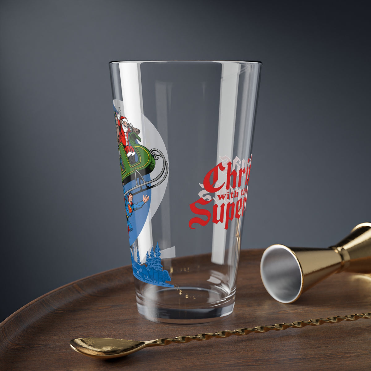 Superman, Santa Claus & the DC Super-Heroes Christmas Pint Glass 16 oz - Batman Wonder Woman - Retro-Style Festive Holiday Barware