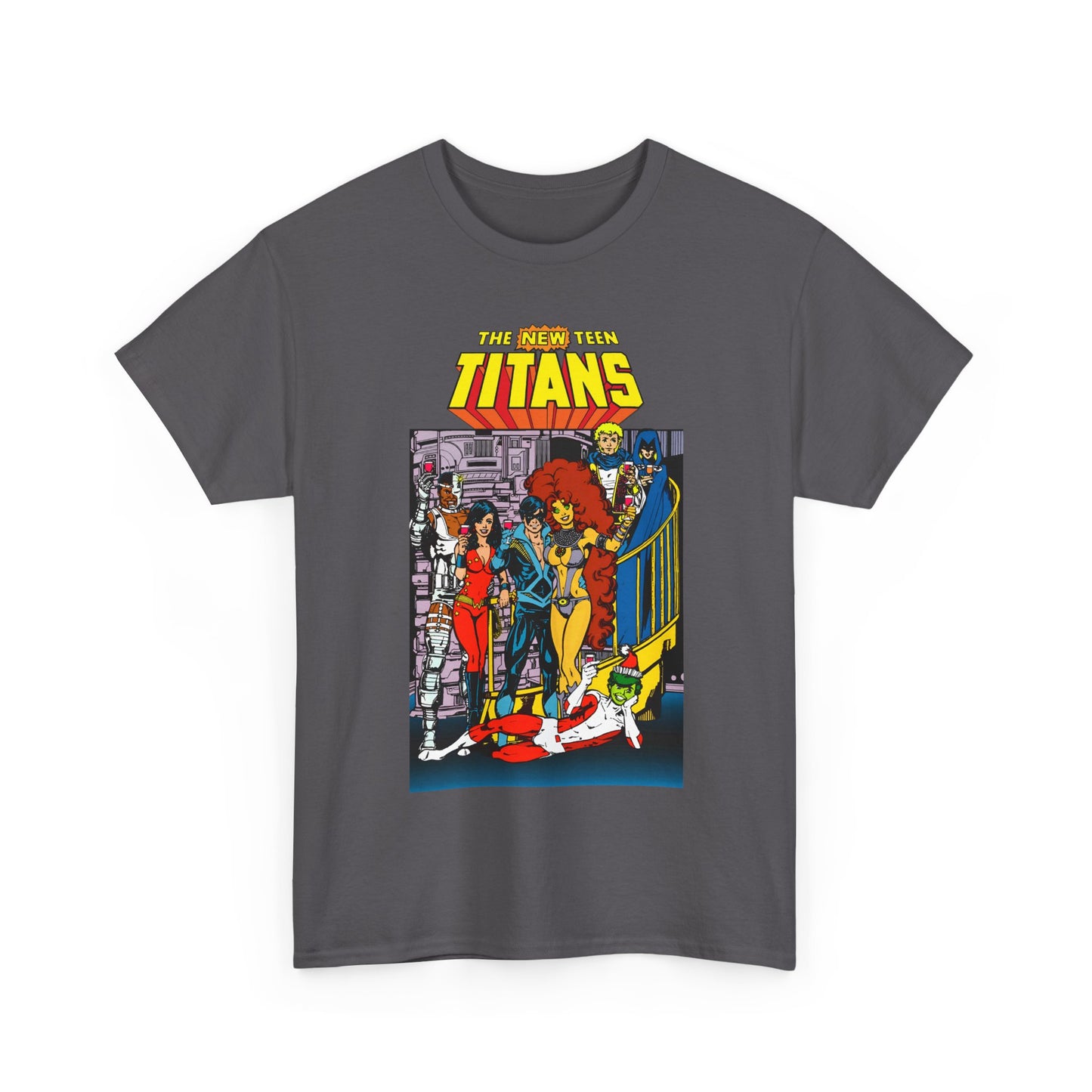 New Teen Titans T-Shirt - George Perez Art - Nightwing, Cyborg, Raven, Starfire, Wonder Girl, Changeling, Jericho - Titans Tower - DC Comics