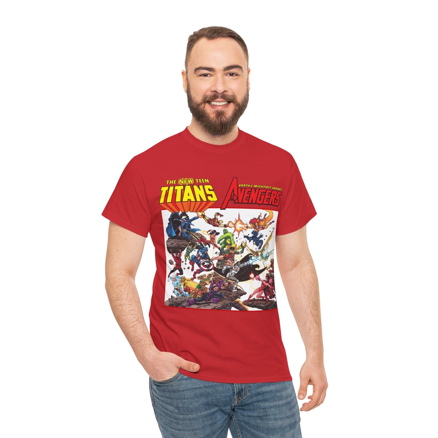 New Teen Titans Vs Avengers T-Shirt - George Perez Art - Hawkeye, Wonder Man, Raven, Starfire, Cyborg, Scarlet Witch, Wonder Girl - DC Comics & Marvel Comics
