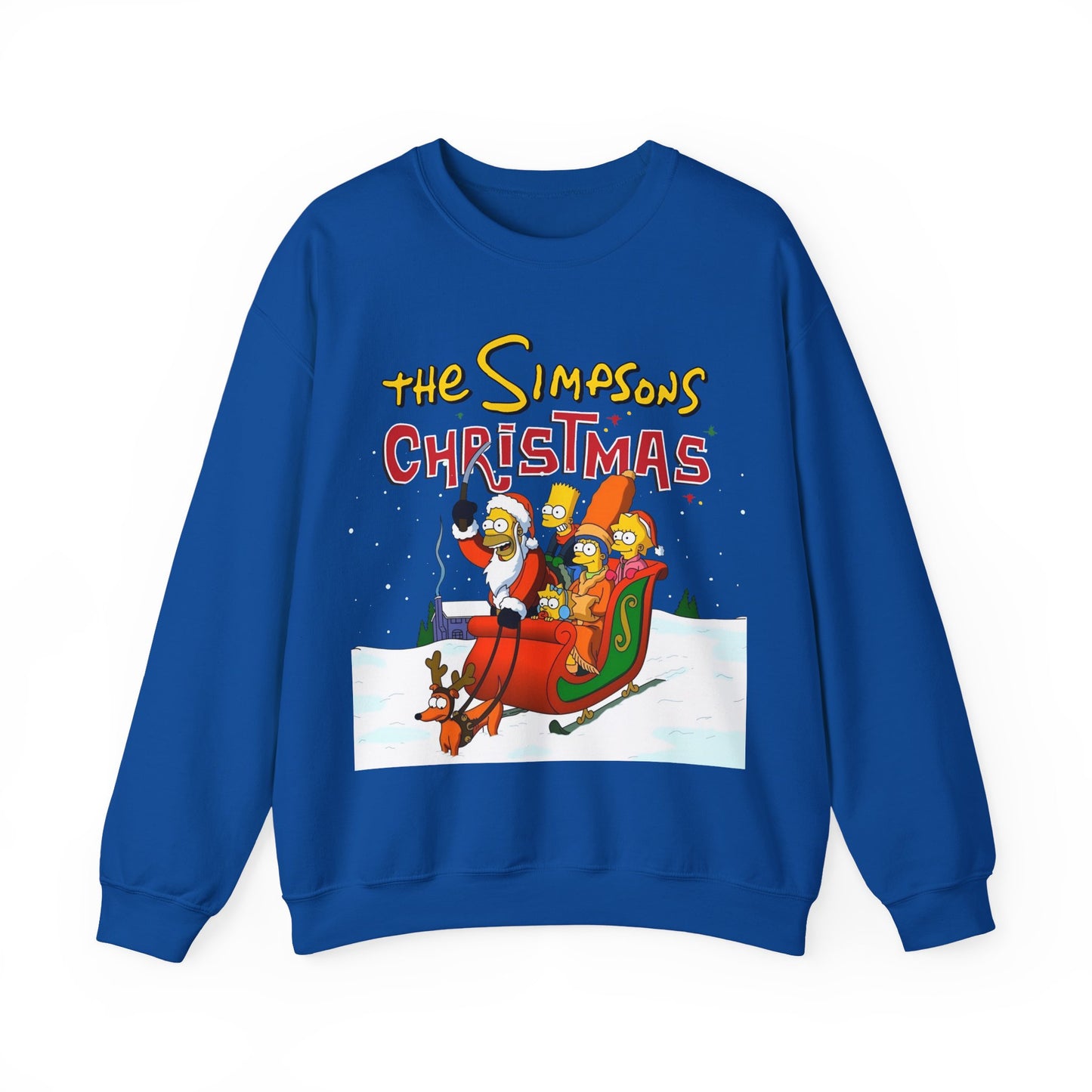 Blue sweatshirt with 'The Simpsons Christmas' graphic on a white background