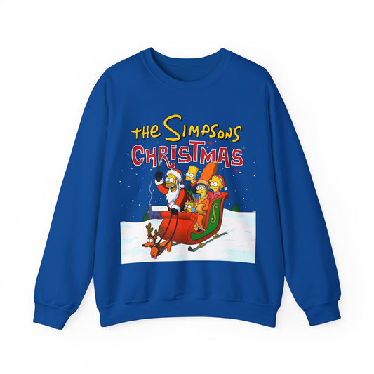 Blue sweatshirt with 'The Simpsons Christmas' graphic on a white background
