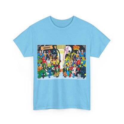 JLA & JSA T-Shirt - George Perez Art - Justice League, Society Team-up - Batman, Wildcat, Dr Fate, Hourman, Firestorm, Superman