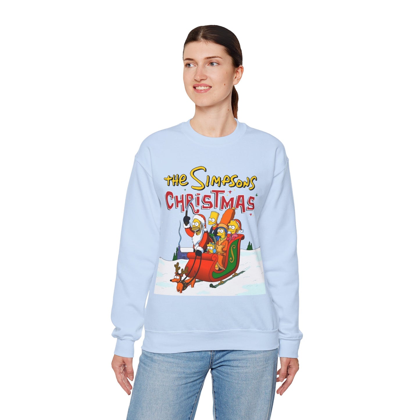 Simpsons Family Christmas Crewneck Sweatshirt - Homer, Marge, Bart, Lisa, Maggie - Riding a Christmas Sleigh Through the Winter Snow