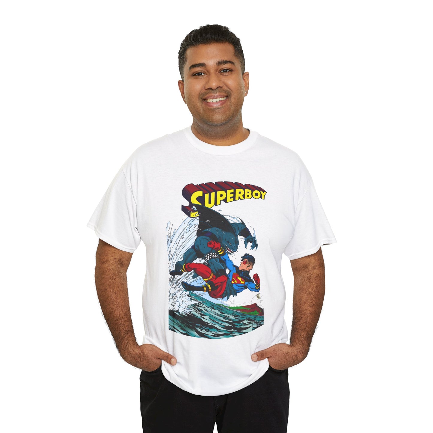 King Shark Vs Superboy T-Shirt - Tom Grummett Art - Connor Kent, Kon-L - Superman Family - DC Comics