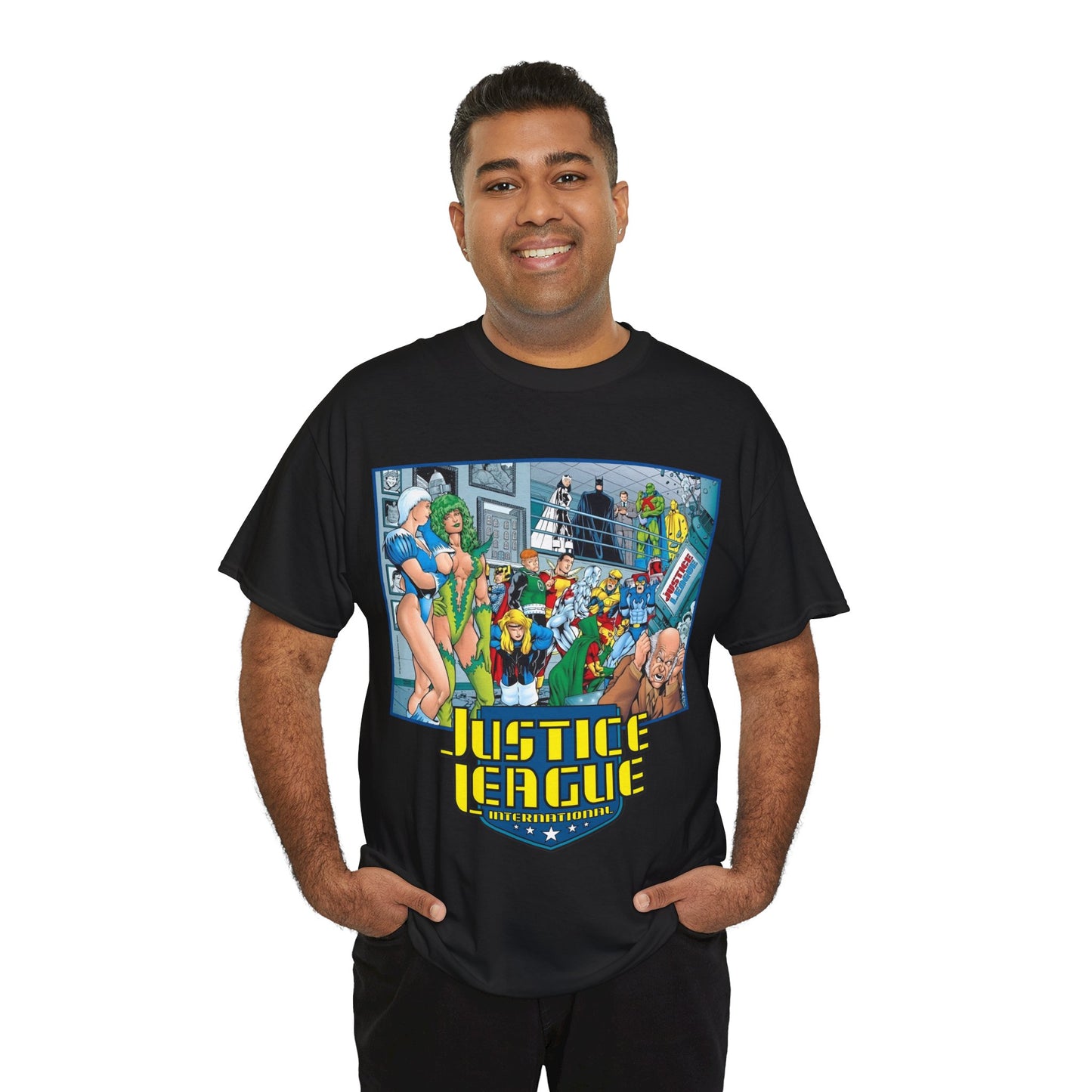 Justice League International T-Shirt - Kevin Maguire Art - Blue Beetle, Booster Gold, Martian Manhunter, Captain Atom, Batman, Fire, Ice - DC Comics - JLI
