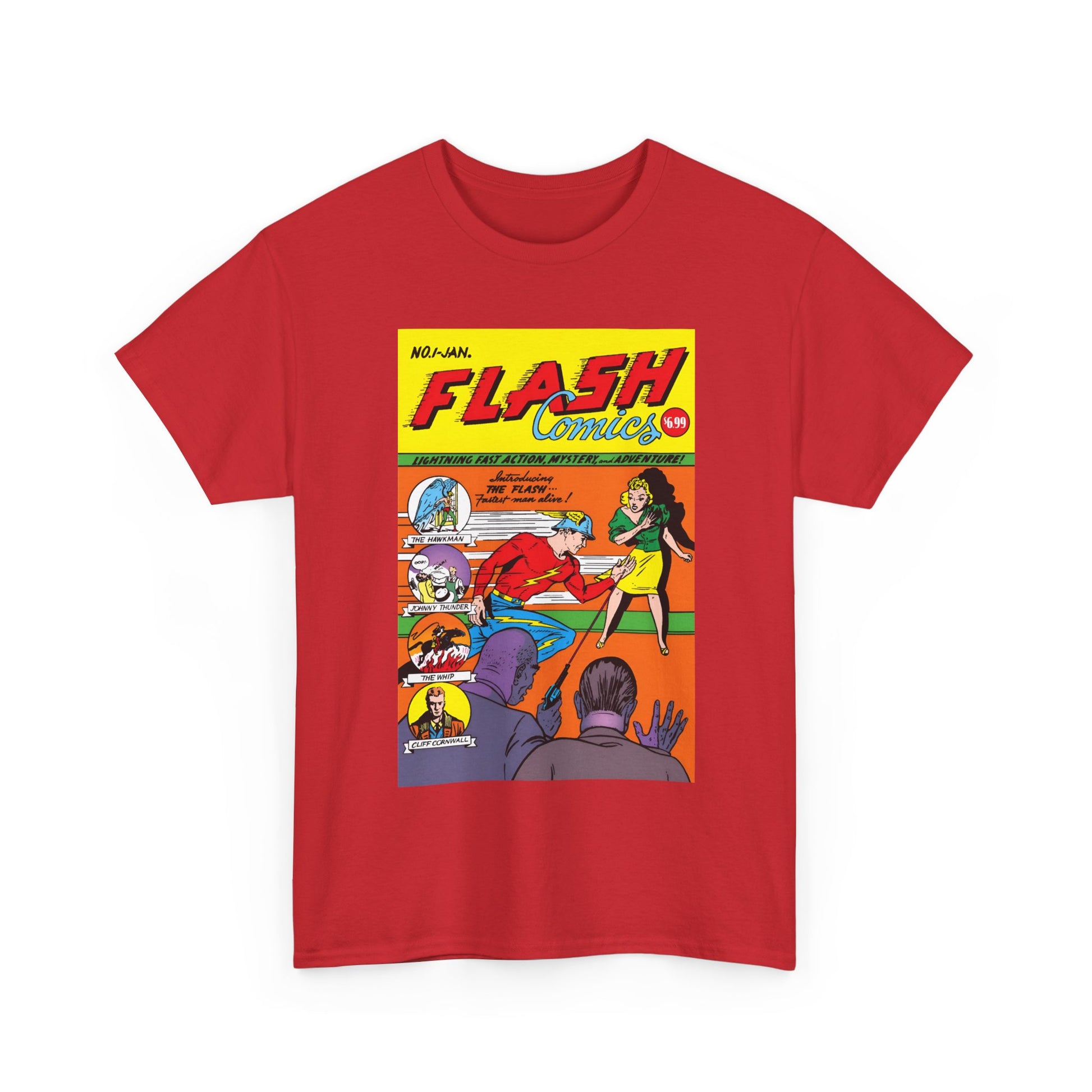 Red t-shirt with 'Flash Comics' graphic design on a white background