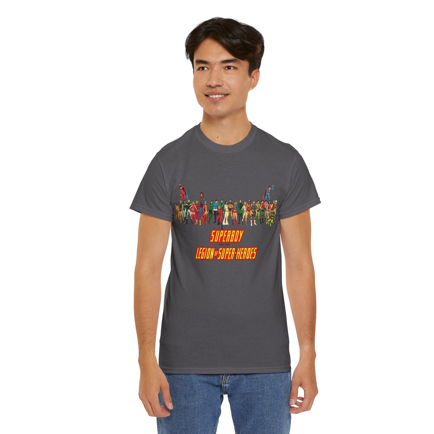 Superboy & Legion of Super-Heroes T-Shirt - 1970s DC Comics Art - Saturn Girl, Lightning Lad, Brainiac 5, Supergirl, Dawnstar, Mon-El, Bouncing Boy, Wildfire - LOSH