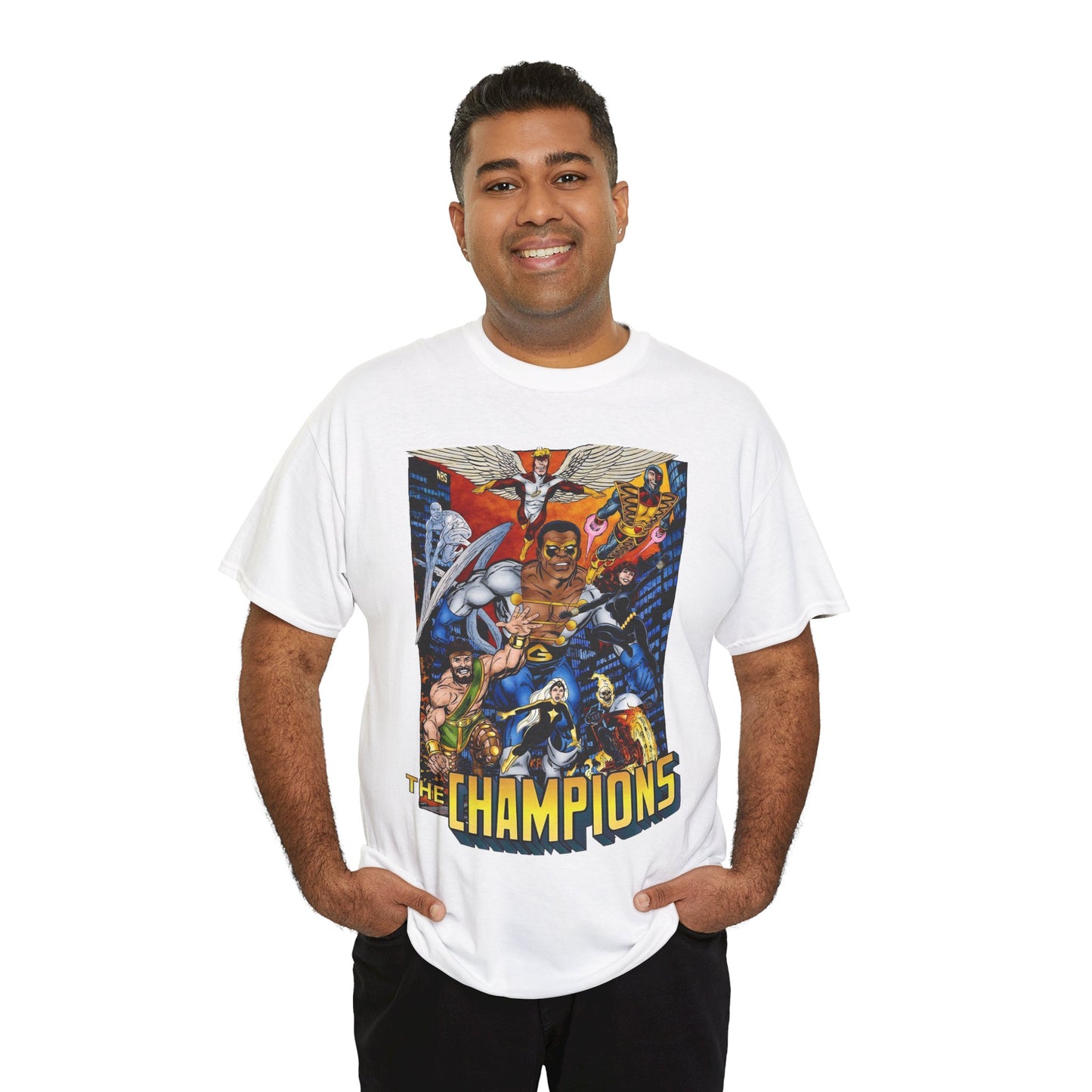 Champions T-Shirt - John Byrne Art - Hercules, Black Widow, Ghost Rider, Black Goliath, Silver Surfer, Jack of Hearts - Marvel Comics 1970s Series