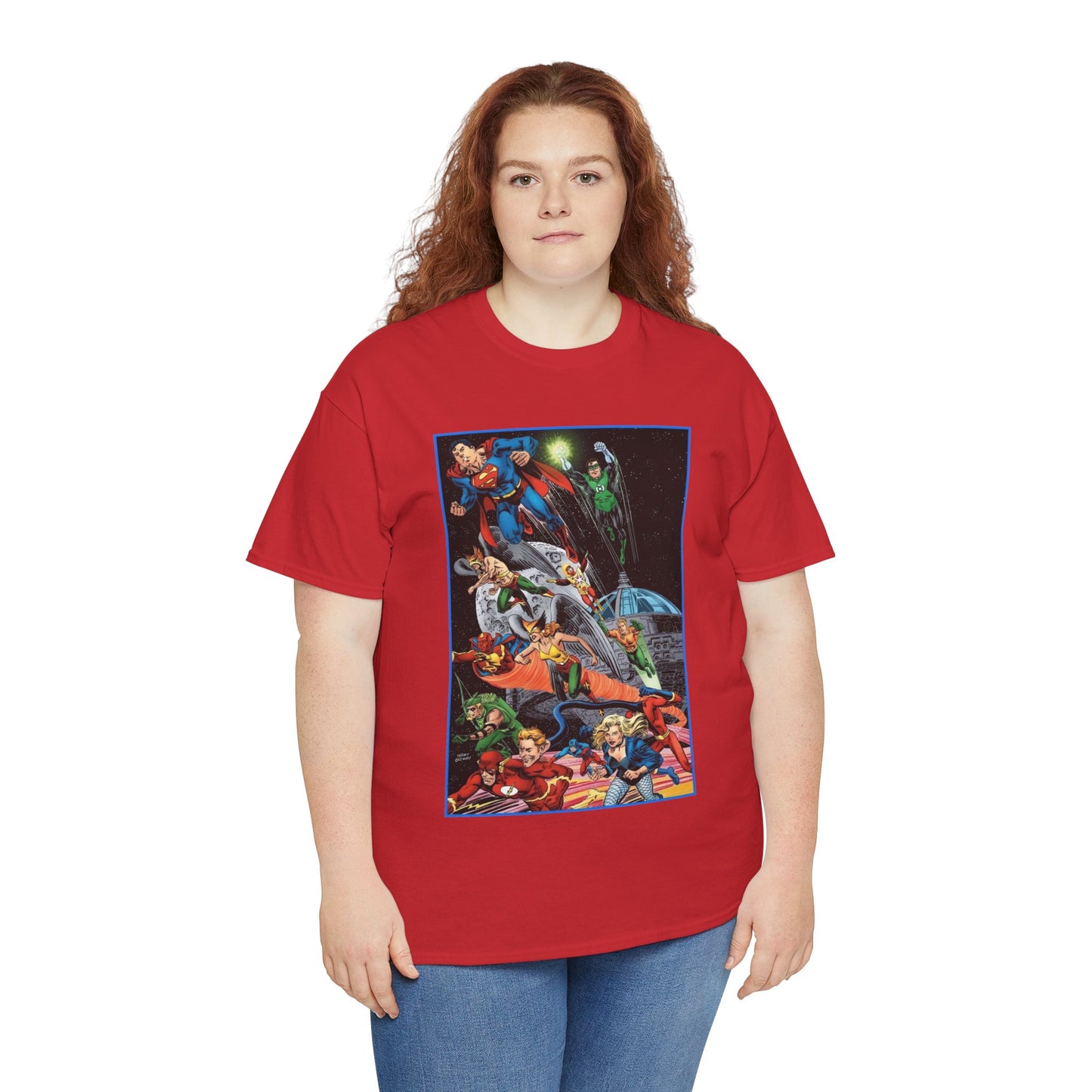 Justice League of America T-Shirt - Jerry Ordway Art - Superman, Wonder Woman, Firestorm, Flash, Black Canary, Atom - DC Comics