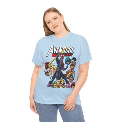 Avengers West Coast T-Shirt - Bob Hall Art - Hawkeye, Iron Man, Wonder Man, Tigra, Mockingbird - Marvel Comics Team