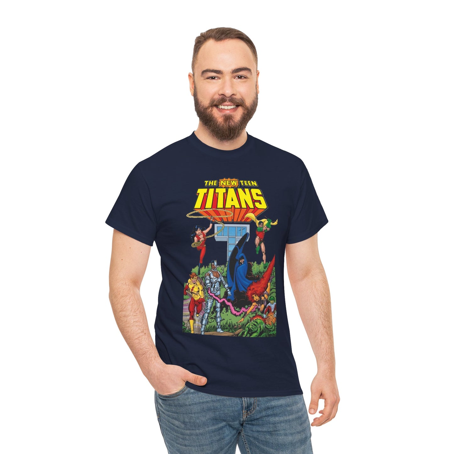 New Teen Titans T-Shirt - George Perez Art - Robin, Wonder Girl, Cyborg, Raven, Changeling, Starfire, Kid Flash - Titans Tower - DC Comics