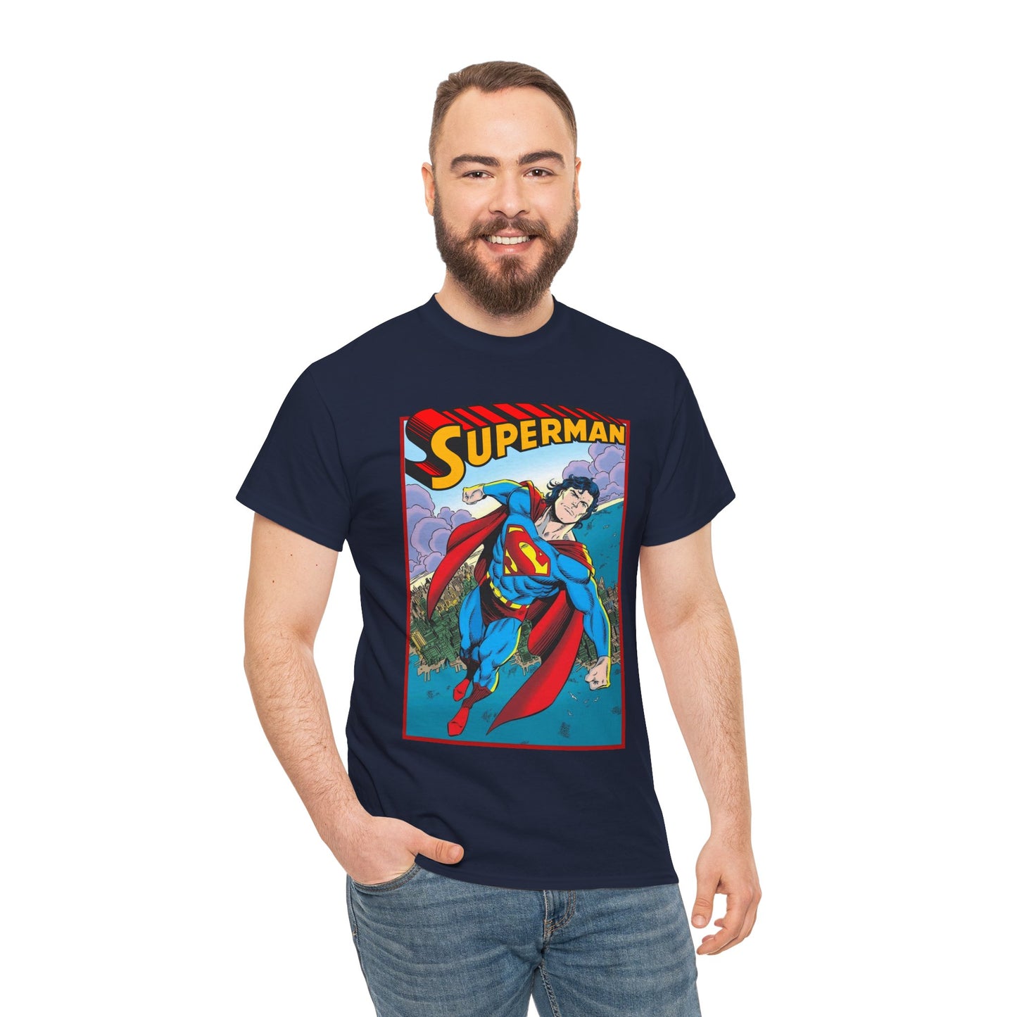 Superman T-Shirt - Tom Grummett Art - DC Comics - Metropolis, Man of Steel Flying Through the Sky - Post-Reign of the Supermen Storyline Artwork