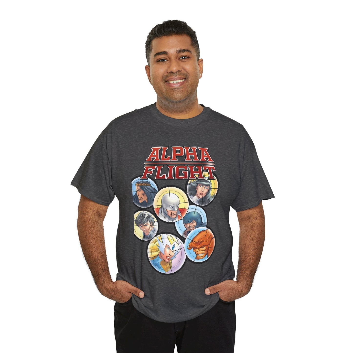Alpha Flight T-Shirt - John Byrne Art - Guardian, Aurora, Northstar, Sasquatch, Shaman, Puck, Snowbird - Canada's Super Heroes - Marvel Comics