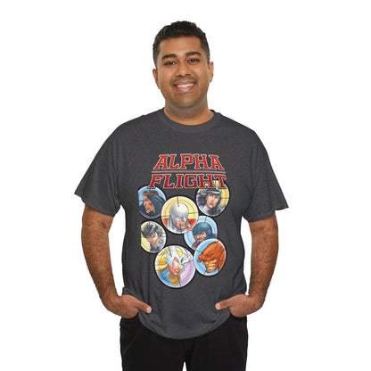 Alpha Flight T-Shirt - John Byrne Art - Guardian, Aurora, Northstar, Sasquatch, Shaman, Puck, Snowbird - Canada's Super Heroes - Marvel Comics